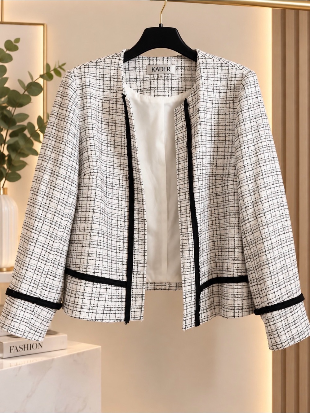 Kasper White Tweed Open-Front Jacket with Black Trim